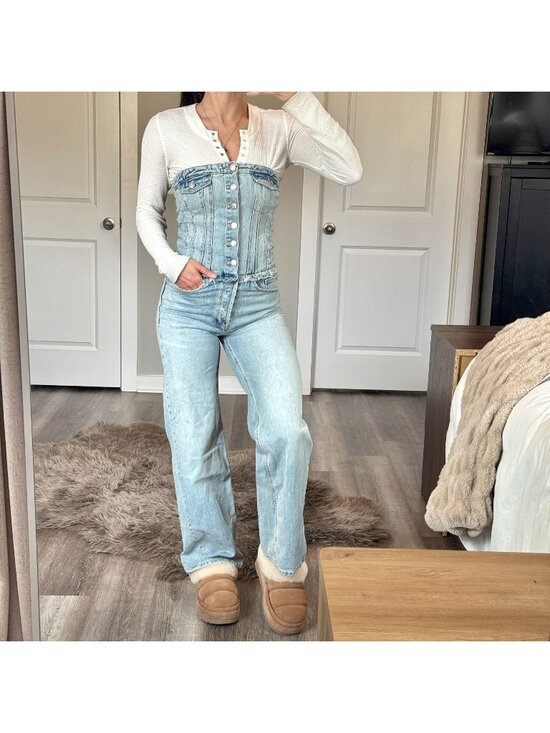 Zara Pants - Zara Strapless Bustier Denim Jumpsuit Size XS Y2K Light Wash Straight Leg Jean